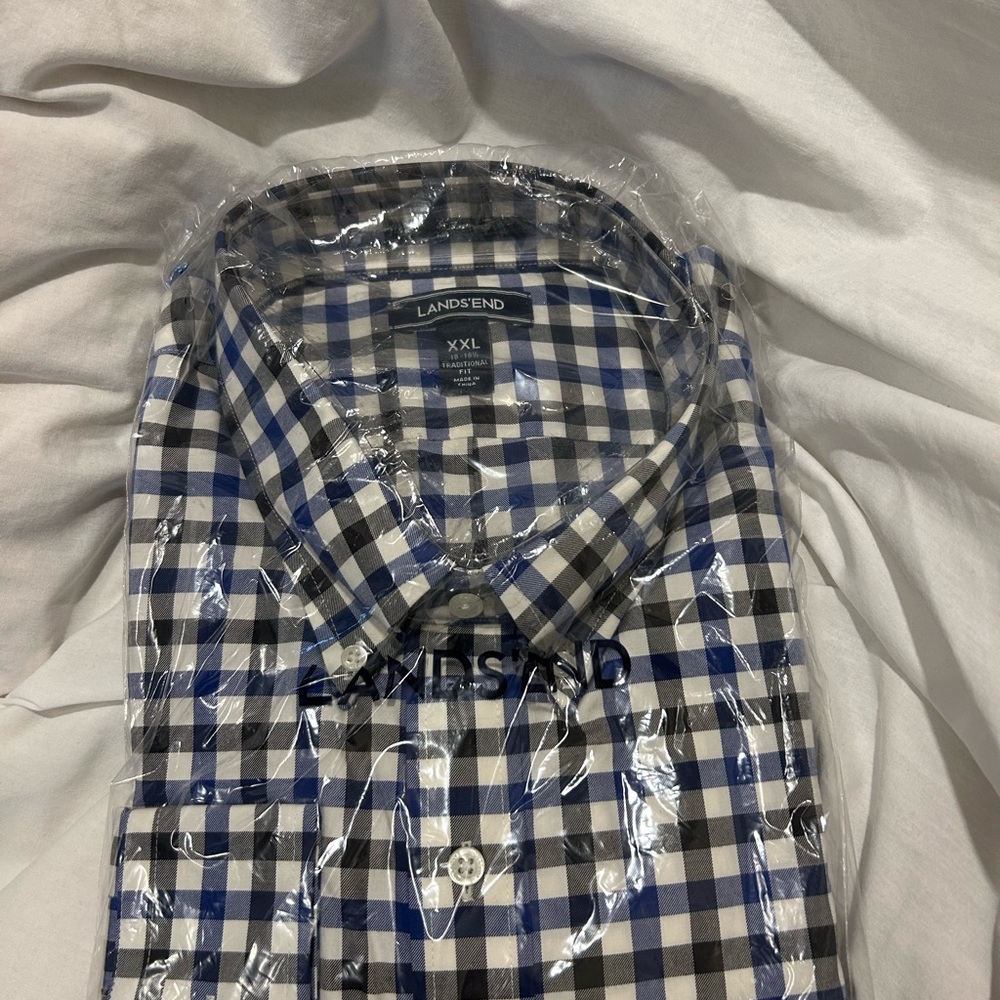 Lands' End Men's Blue and Black Plaid Shirt